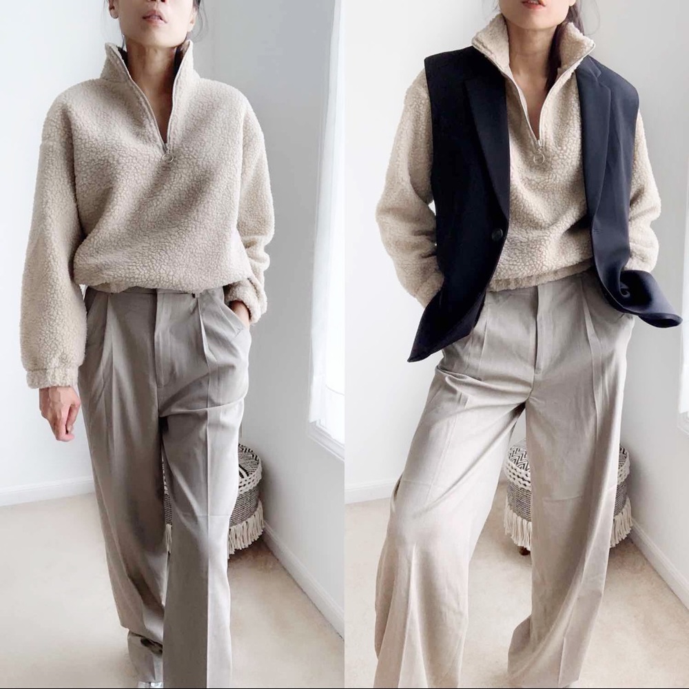 TEDDY SHEARLING HALF ZIP BOMBER SWEATER - TAUPE - Picture 5 of 10